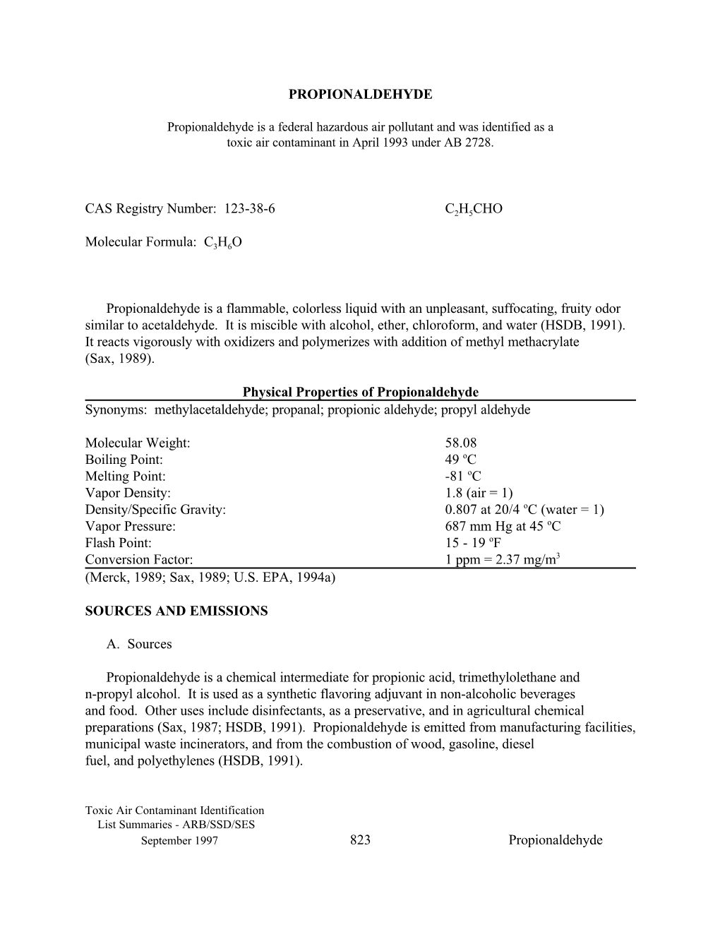 Background Material:1997-11-13 Propionaldehyde As a Federal