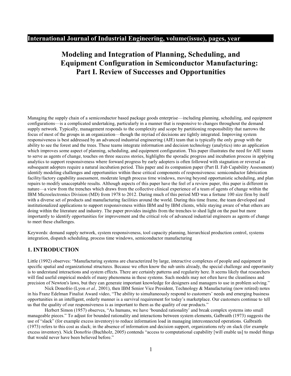 Modeling and Integration of Planning, Scheduling, and Equipment Configuration in Semiconductor Manufacturing: Part I