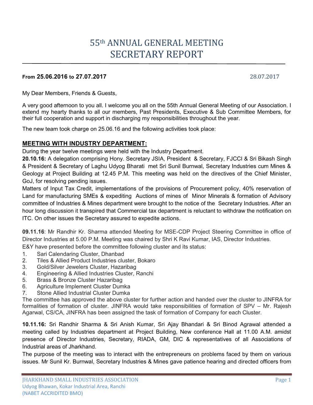 Secretary Report