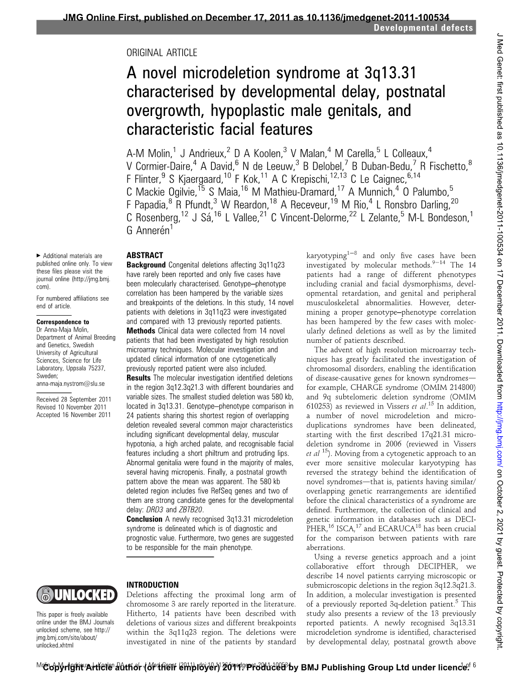 A Novel Microdeletion Syndrome at 3Q13.31 Characterised By