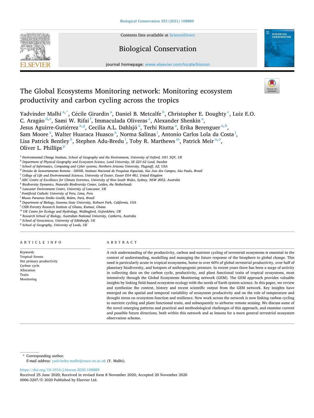 The Global Ecosystems Monitoring Network: Monitoring Ecosystem Productivity and Carbon Cycling Across the Tropics