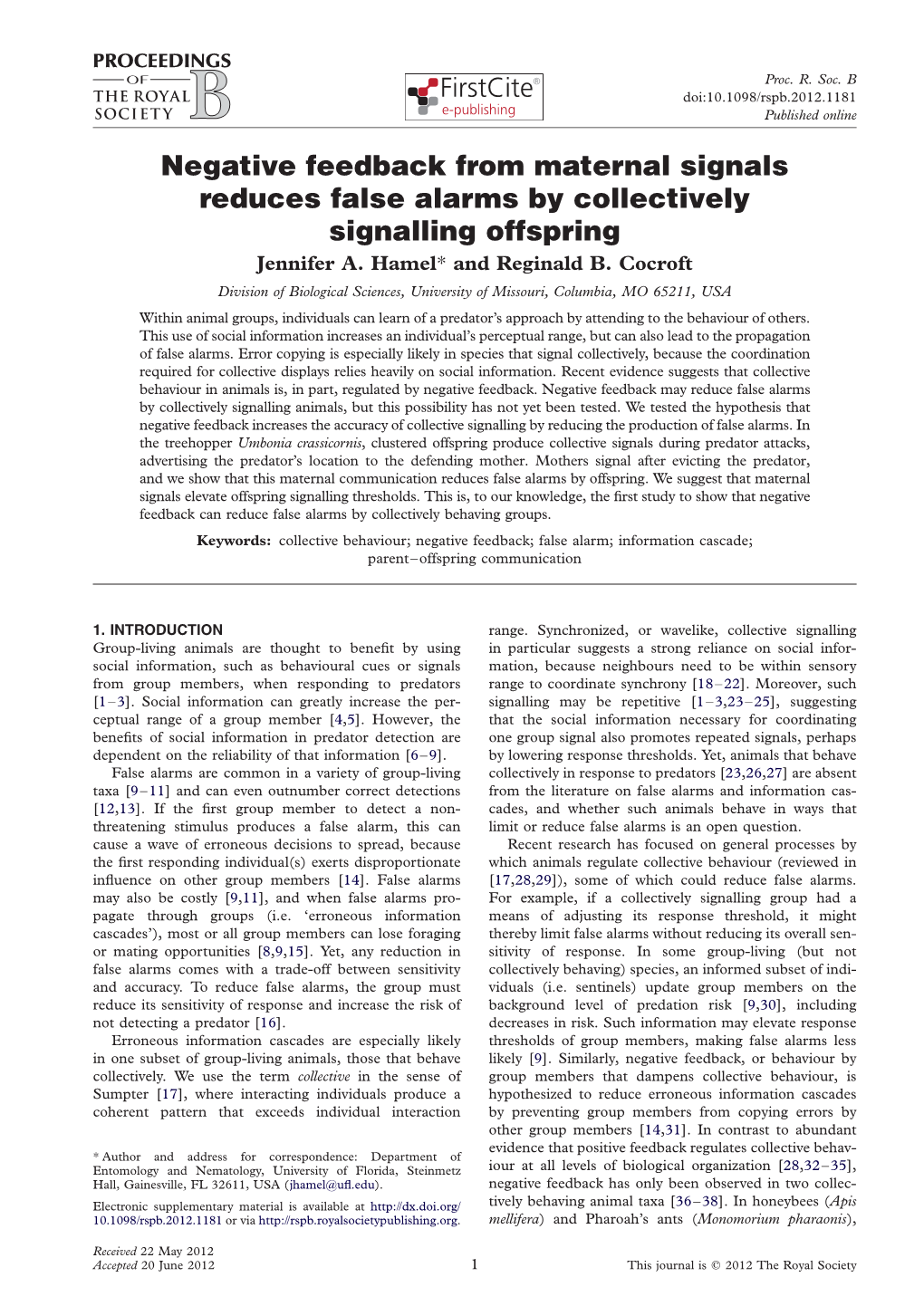 Negative Feedback from Maternal Signals Reduces False Alarms by Collectively Signalling Offspring Jennifer A