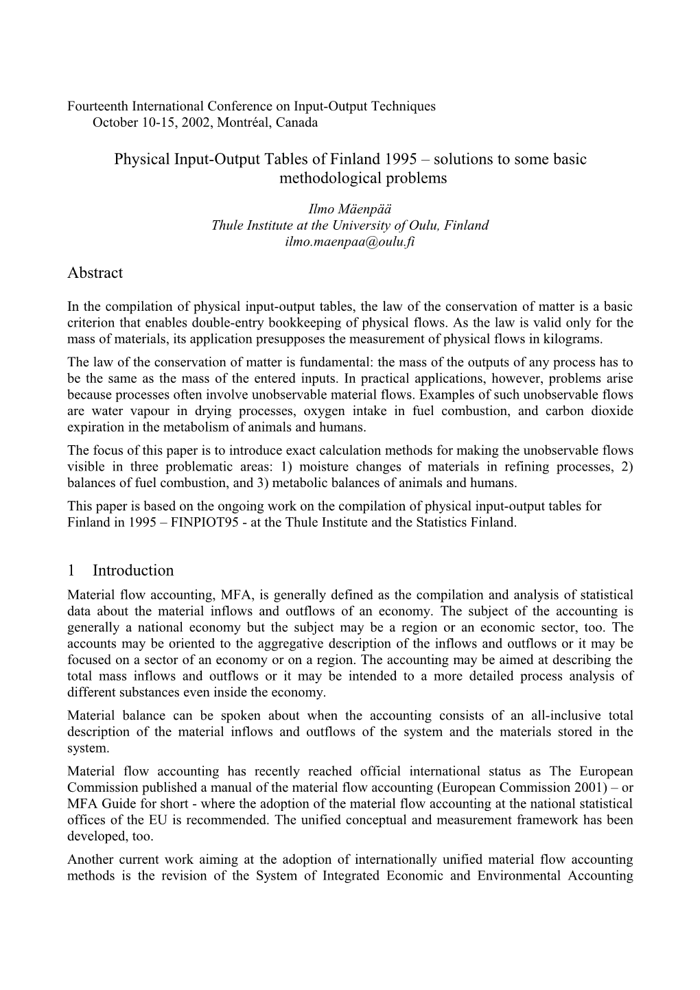 Fourteenth International Conference on Input-Output Techniquesoctober 10-15, 2002, Montréal