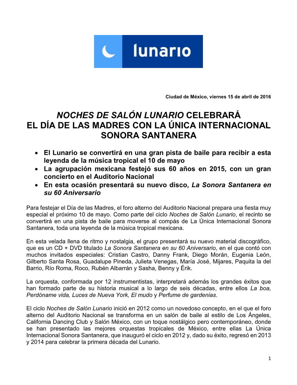 Noches De Salón Lunario Celebrará El Día De Las Madres Con La Única Internacional Sonora Santanera