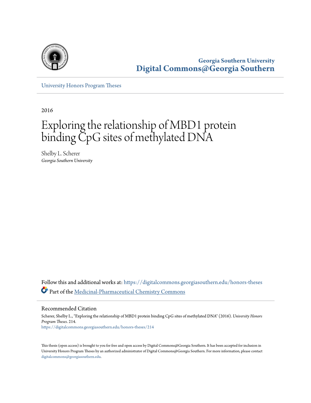 Exploring the Relationship of MBD1 Protein Binding Cpg Sites of Methylated DNA Shelby L