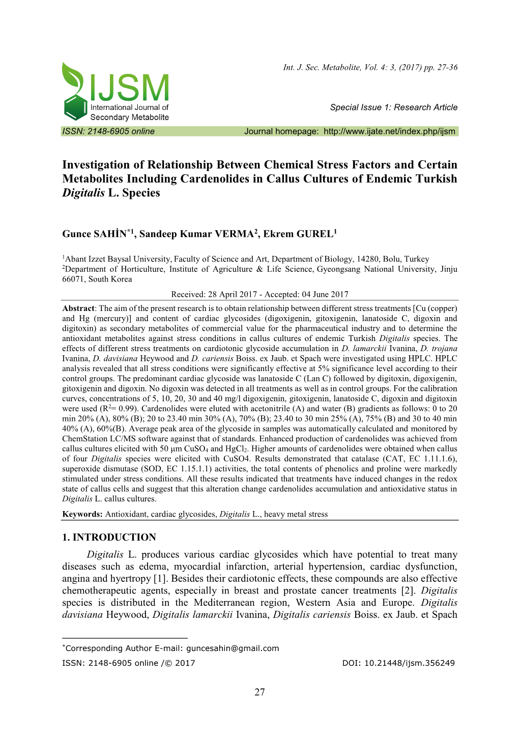 Investigation of Relationship Between Chemical Stress Factors and Certain Metabolites Including Cardenolides in Callus Cultures of Endemic Turkish Digitalis L