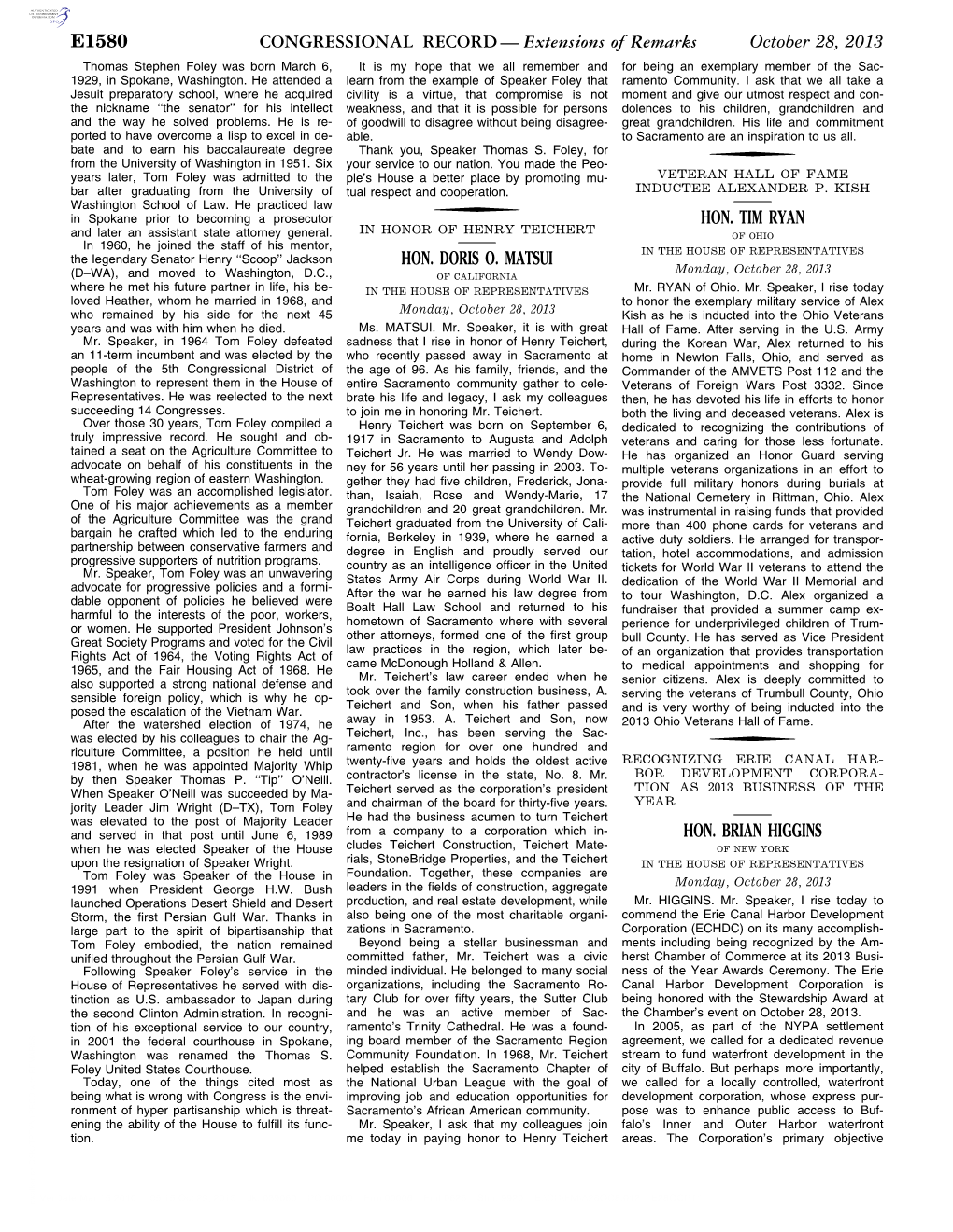 CONGRESSIONAL RECORD— Extensions of Remarks E1580 HON. DORIS O. MATSUI HON. TIM RYAN HON. BRIAN HIGGINS