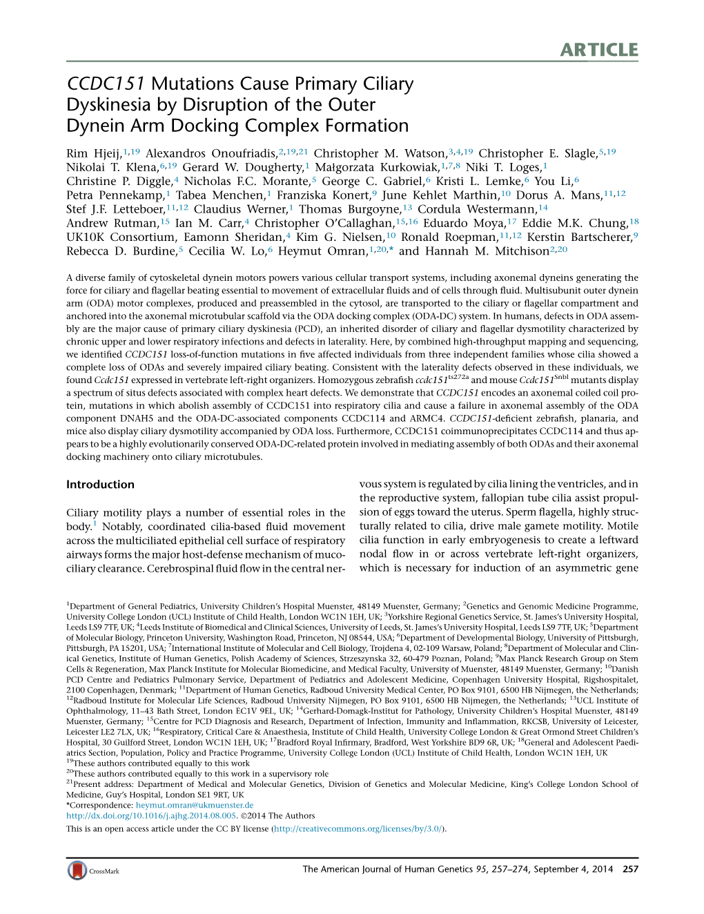 CCDC151 Mutations Cause Primary Ciliary Dyskinesia by Disruption of the Outer Dynein Arm Docking Complex Formation