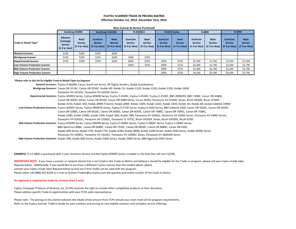 December 31St, 2014 FUJITSU SCANNER TRADE-IN PRICING