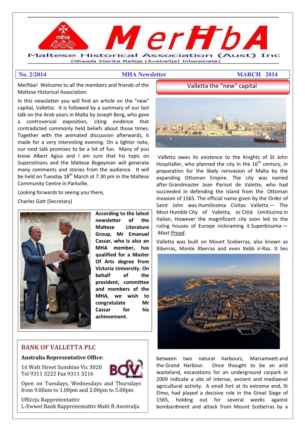 MHA Newsletter MARCH 2014