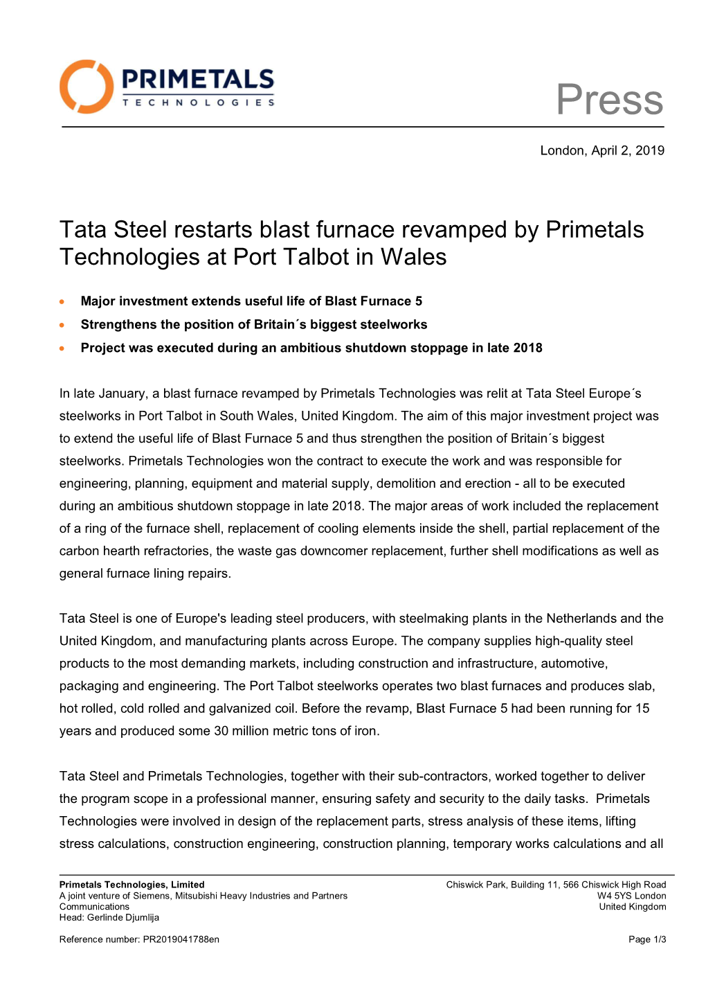 Tata Steel Restarts Blast Furnace Revamped by Primetals Technologies at Port Talbot in Wales