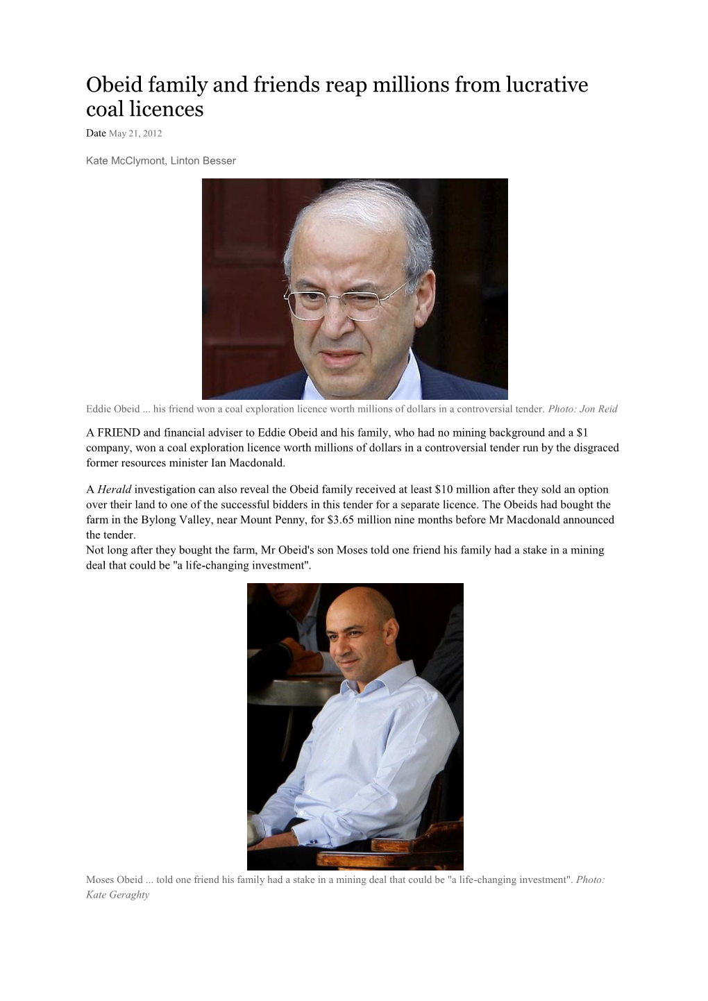 Obeid Family and Friends Reap Millions from Lucrative Coal Licences Date May 21, 2012