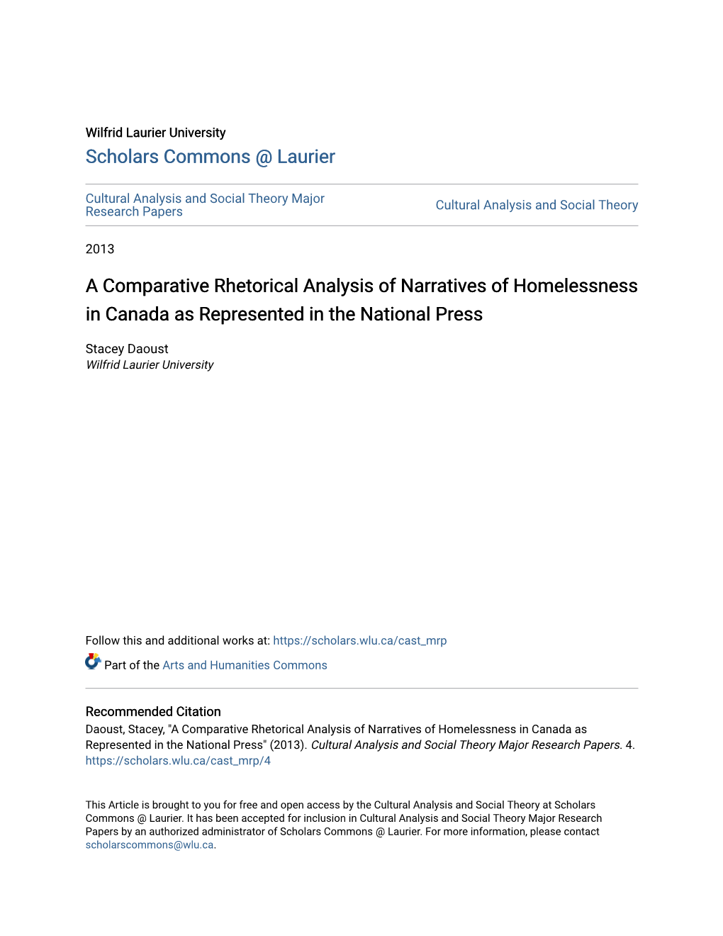 A Comparative Rhetorical Analysis of Narratives of Homelessness in Canada As Represented in the National Press