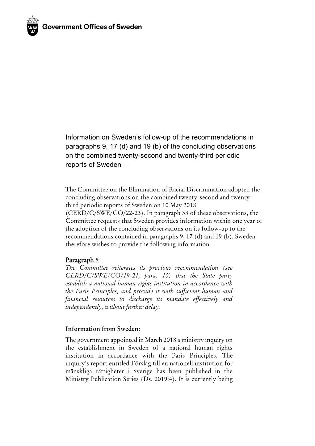 (B) of the Concluding Observations on the Combined Twenty-Second and Twenty-Third Periodic Reports of Sweden