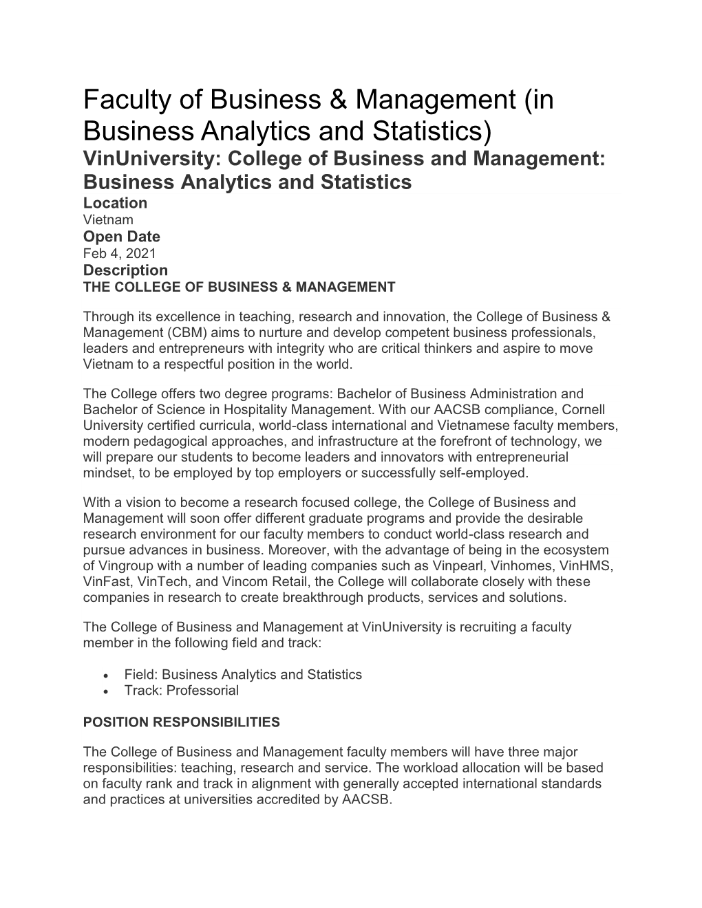 Faculty of Business & Management (In Business Analytics and Statistics)