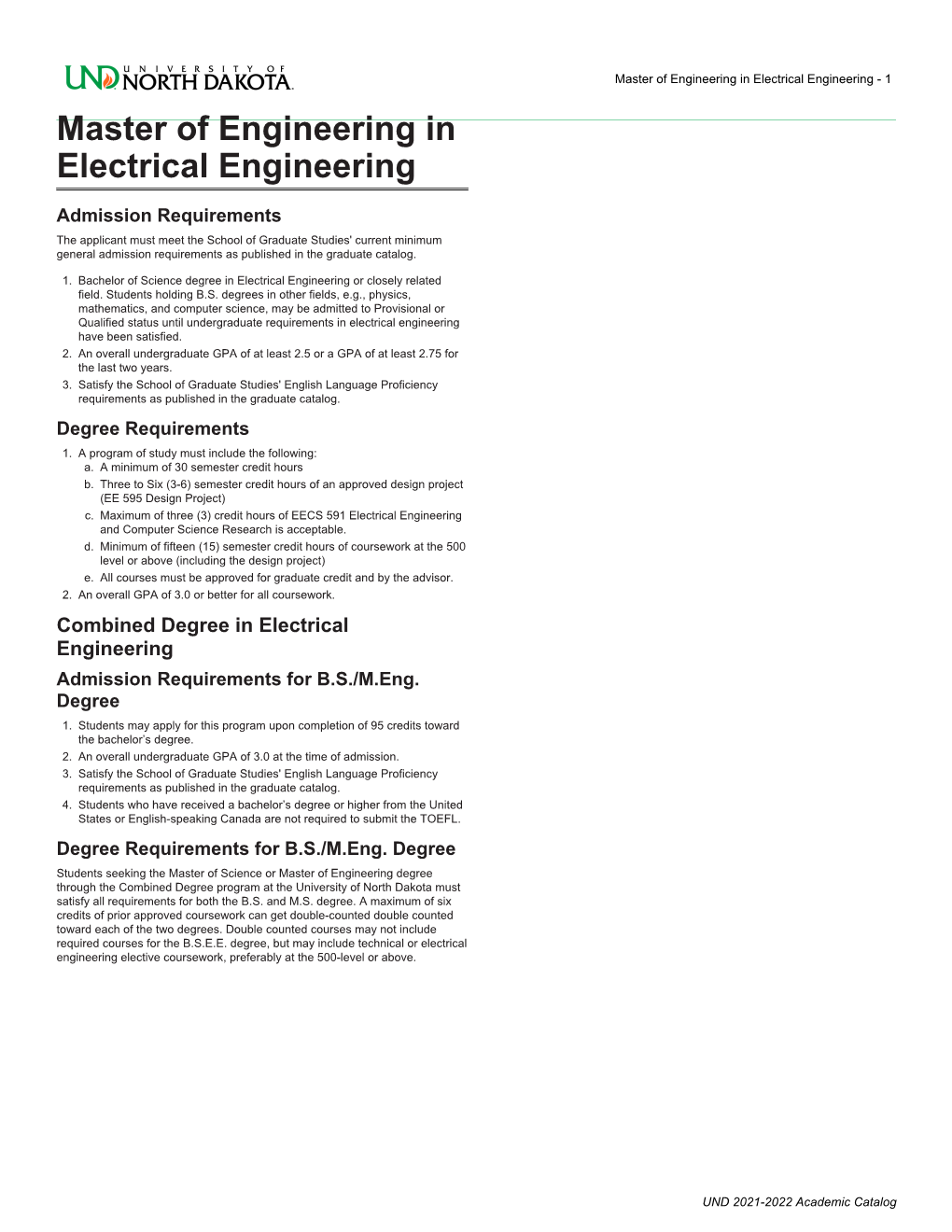 Master of Engineering in Electrical Engineering - 1 Master of Engineering in Electrical Engineering