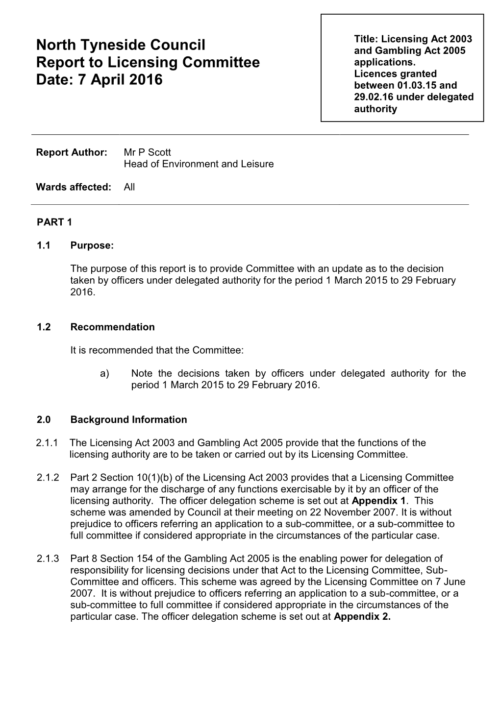 North Tyneside Council Report to Licensing Committee Date