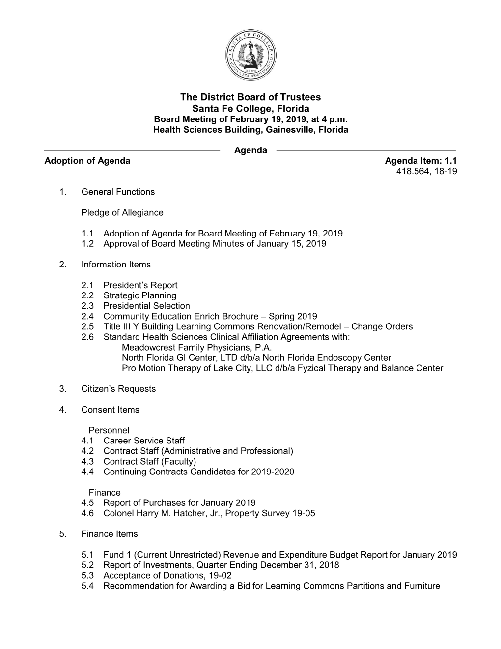 Board Meeting of February 19, 2019, at 4 Pm