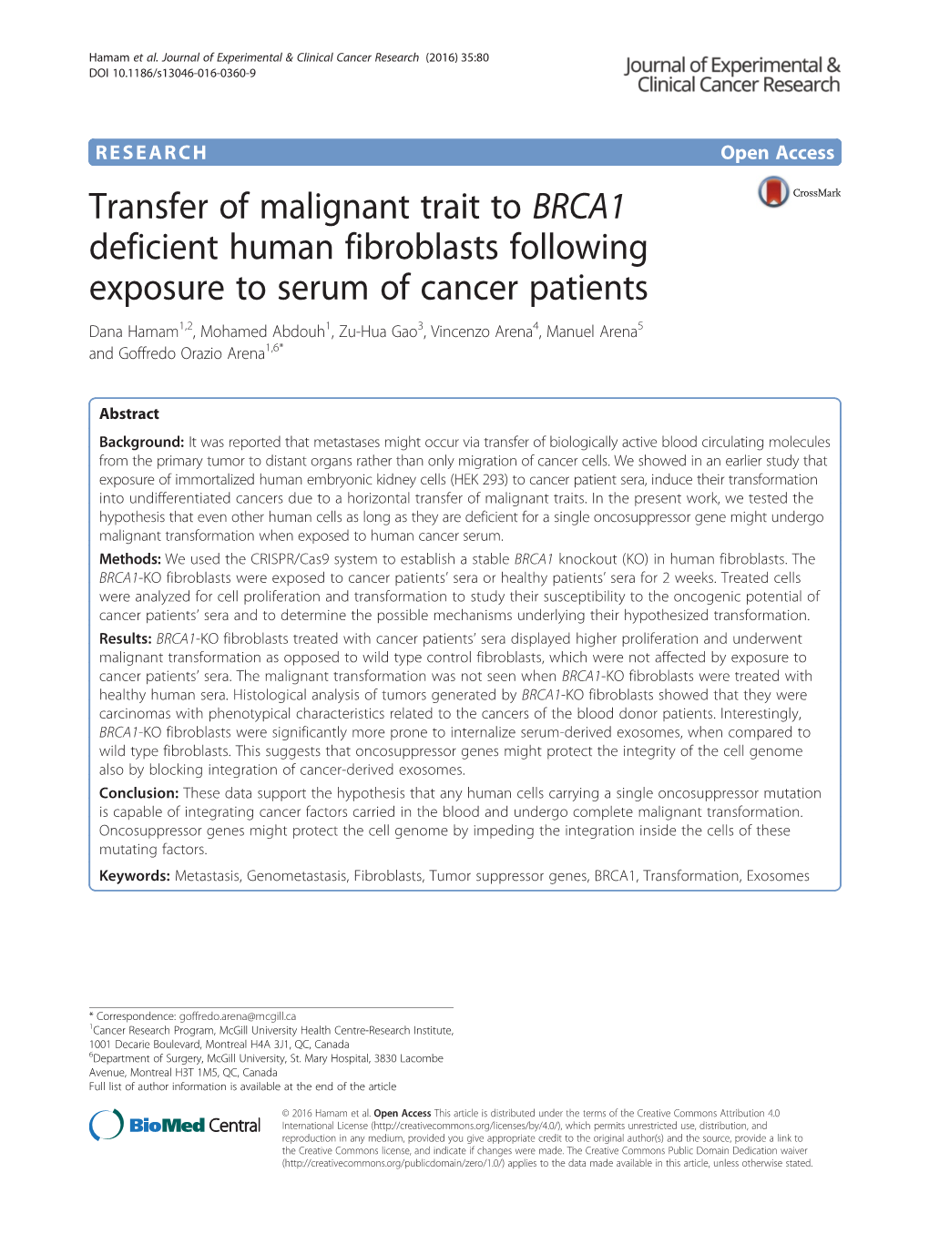 Transfer of Malignant Trait to BRCA1 Deficient Human Fibroblasts