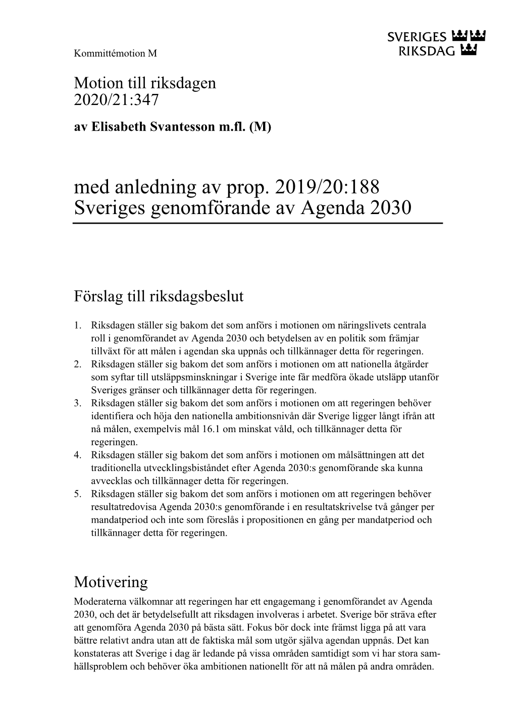 Med Anledning Av Prop. 2019/20:188 Sveriges Genomförande Av Agenda 2030