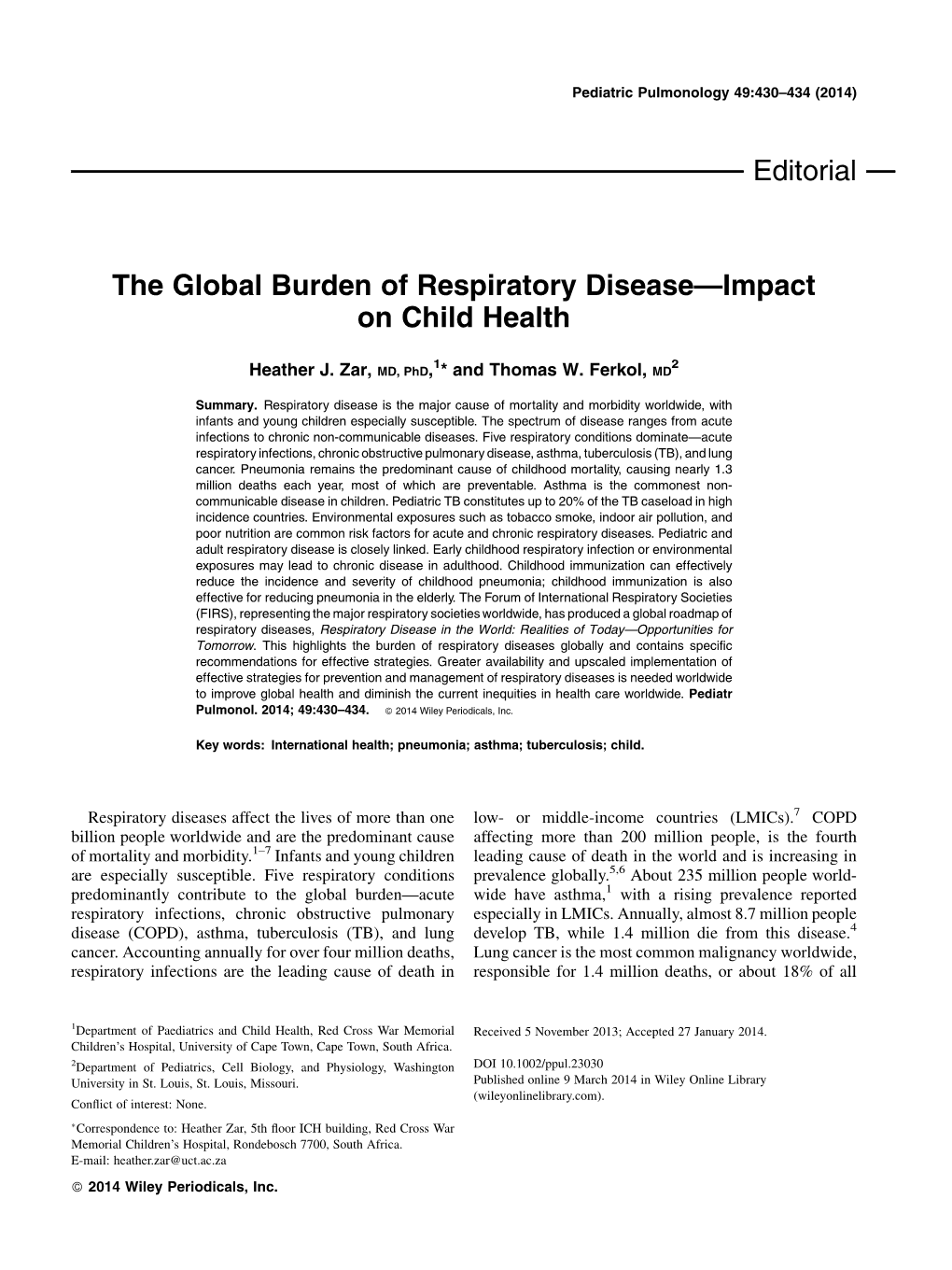 The Global Burden of Respiratory Diseaseimpact on Child Health