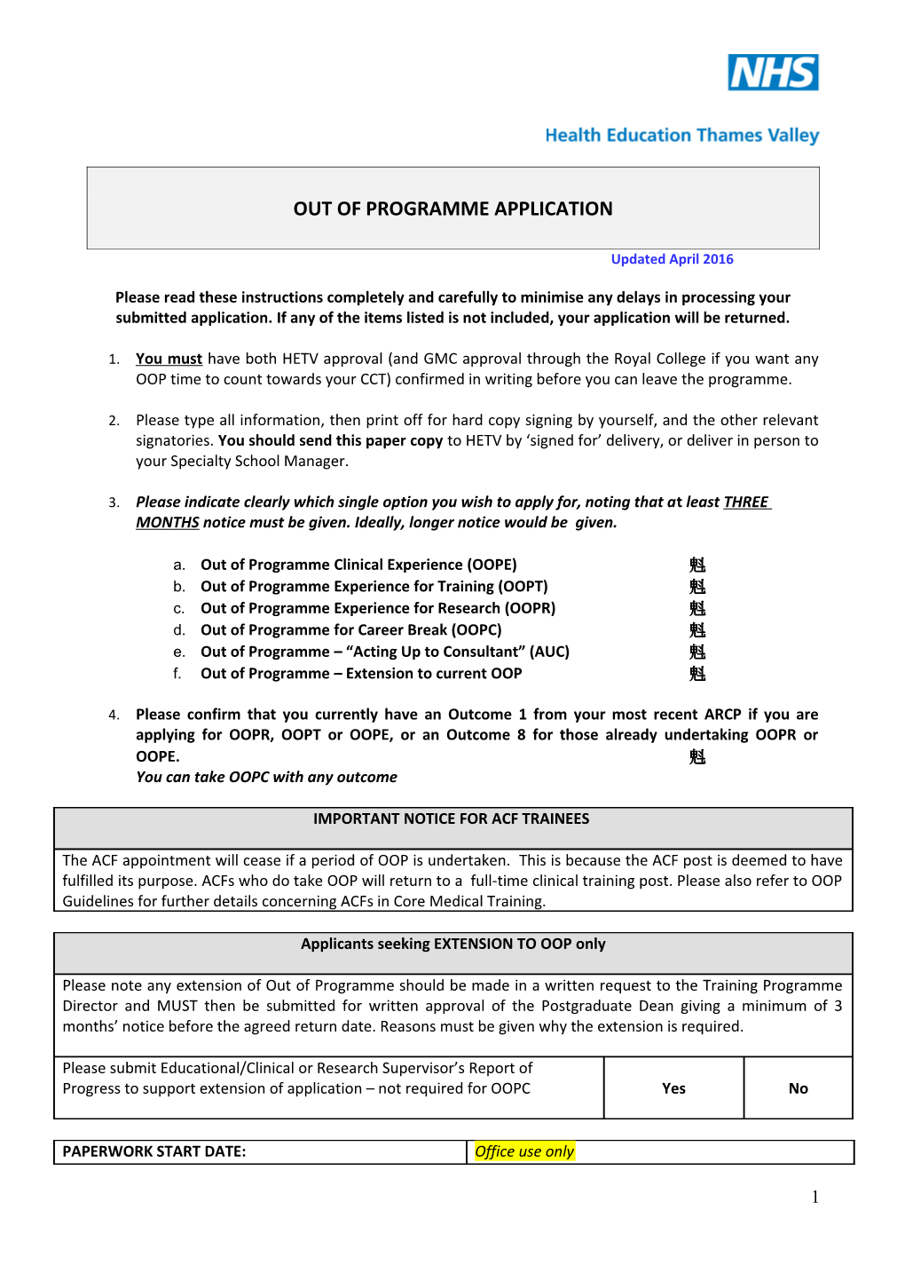 Out of Programme Application