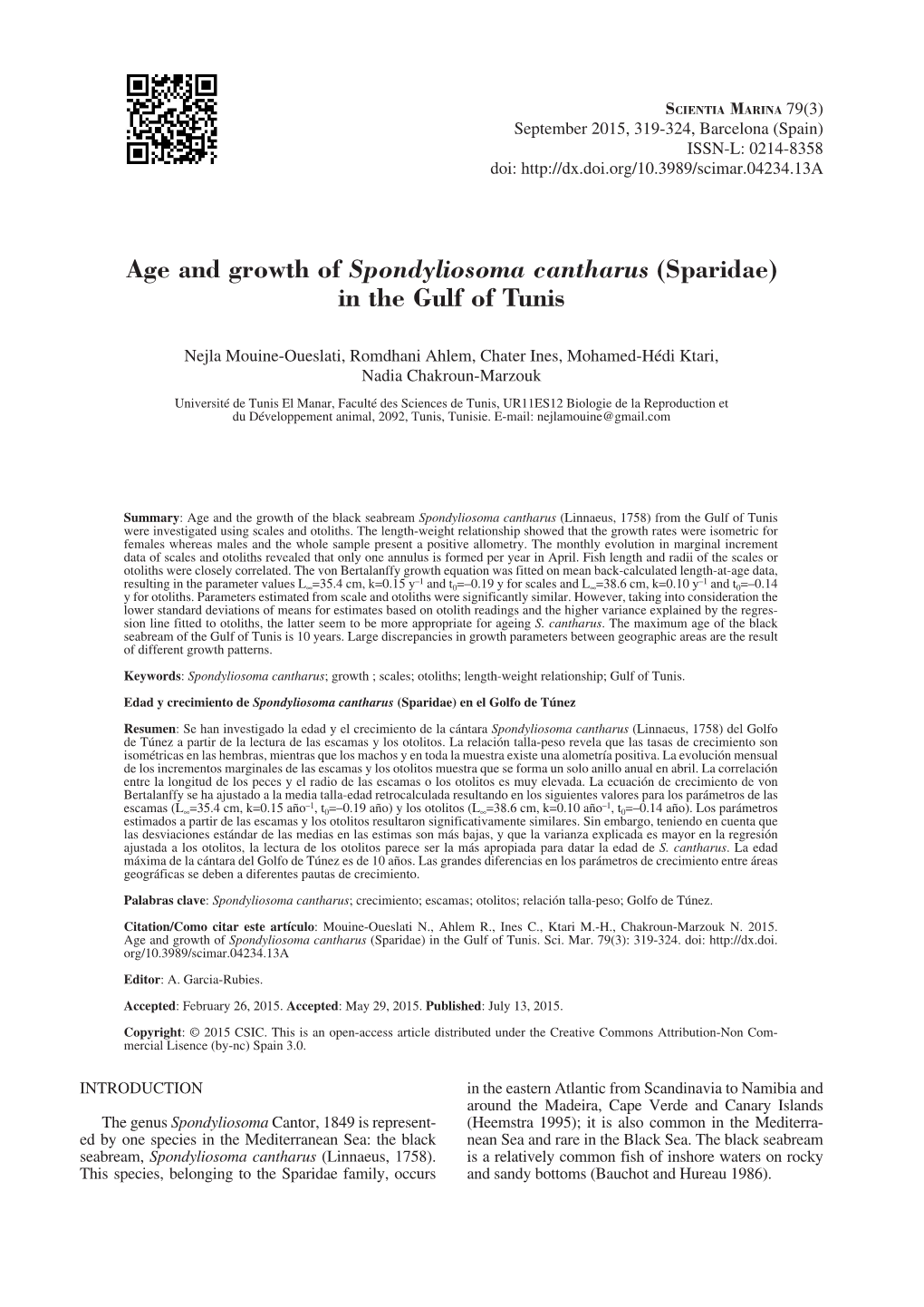 Age and Growth of Spondyliosoma Cantharus (Sparidae) in the Gulf of Tunis