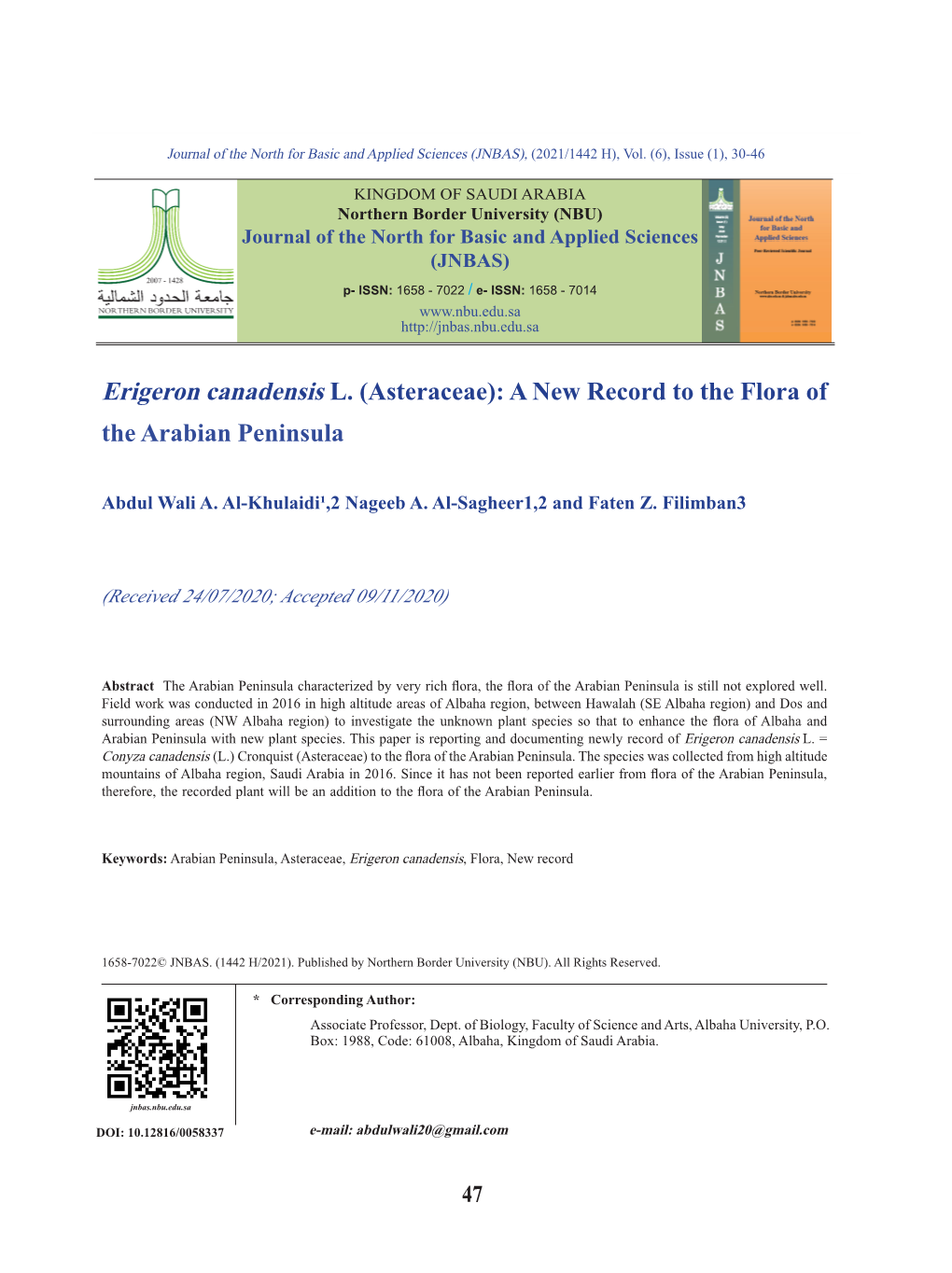 Erigeron Canadensis L. (Asteraceae): a New Record to the Flora of the Arabian Peninsula