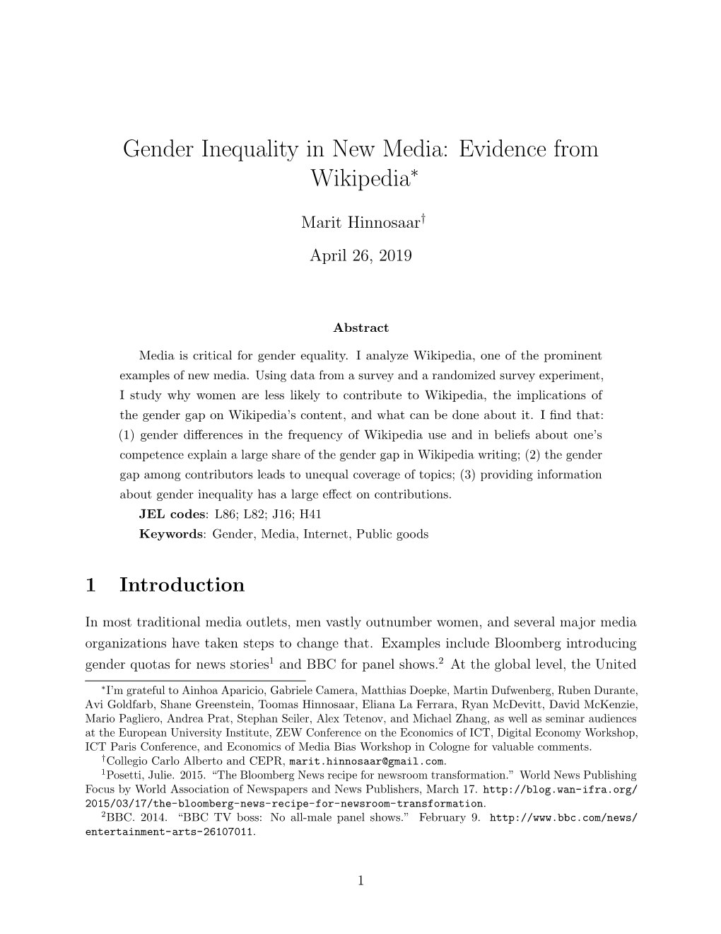 Gender Inequality in New Media: Evidence from Wikipedia∗