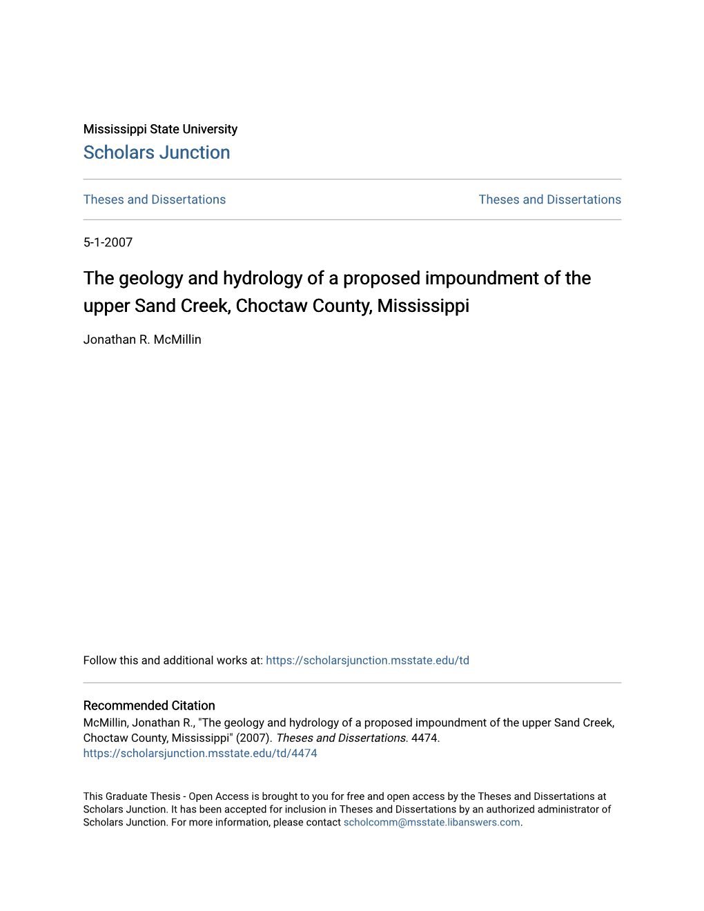 The Geology and Hydrology of a Proposed Impoundment of the Upper Sand Creek, Choctaw County, Mississippi