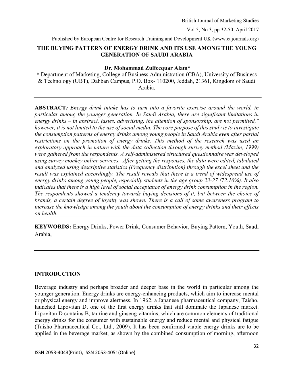 The Buying Pattern of Energy Drink and Its Use Among the Young Generation of Saudi Arabia