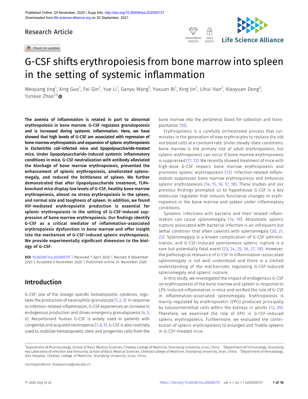 G-CSF Shifts Erythropoiesis from Bone Marrow Into Spleen in the Setting of Systemic Inﬂammation