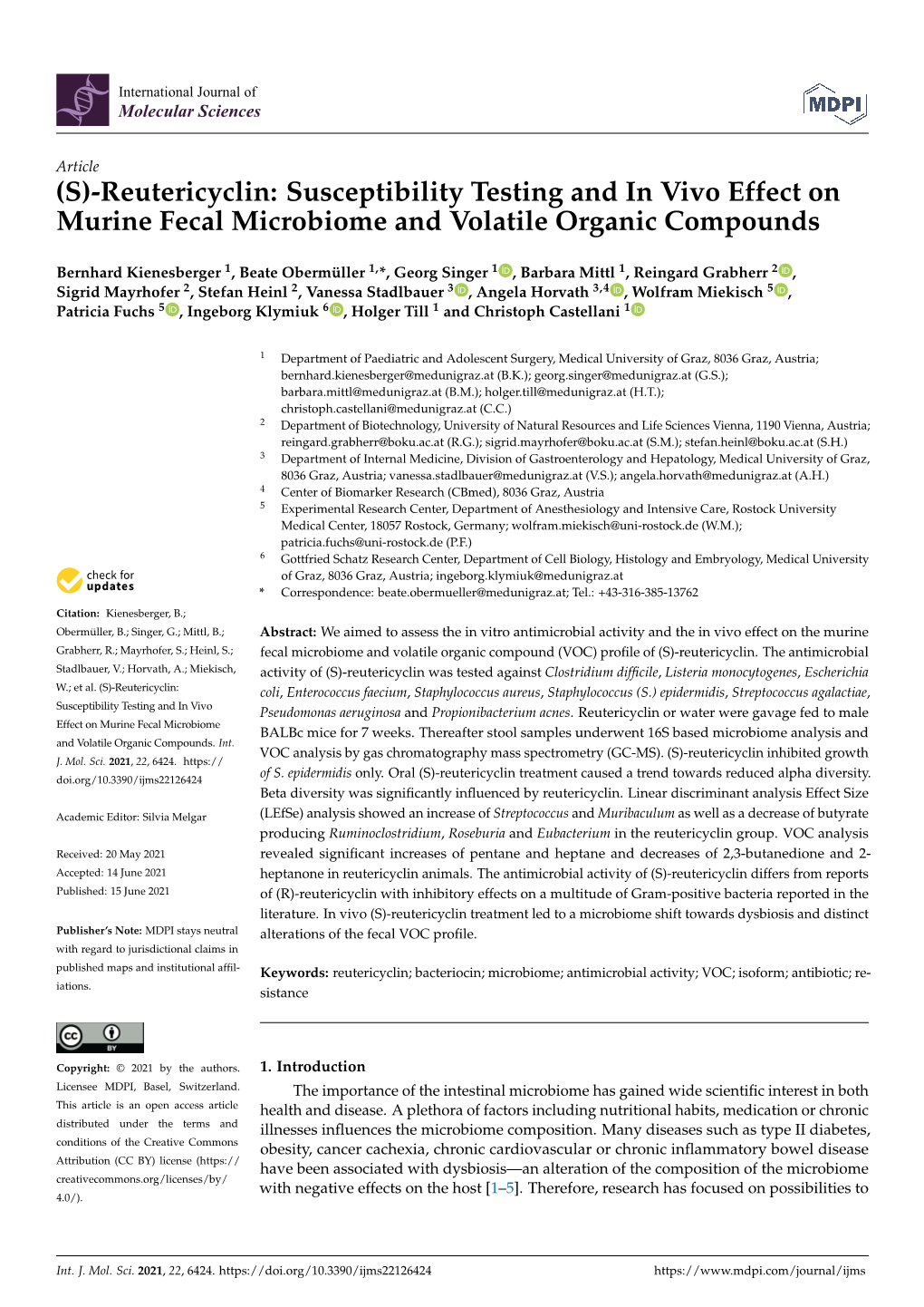 Reutericyclin: Susceptibility Testing and in Vivo Effect on Murine Fecal Microbiome and Volatile Organic Compounds