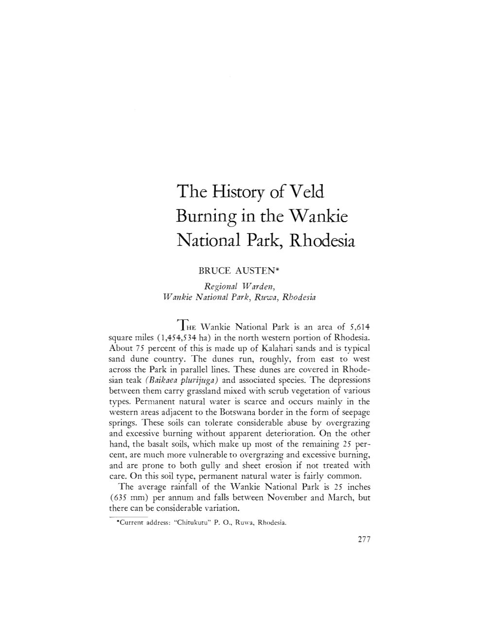 The History of Veld Burning in the Wankie National Park, Rhodesia