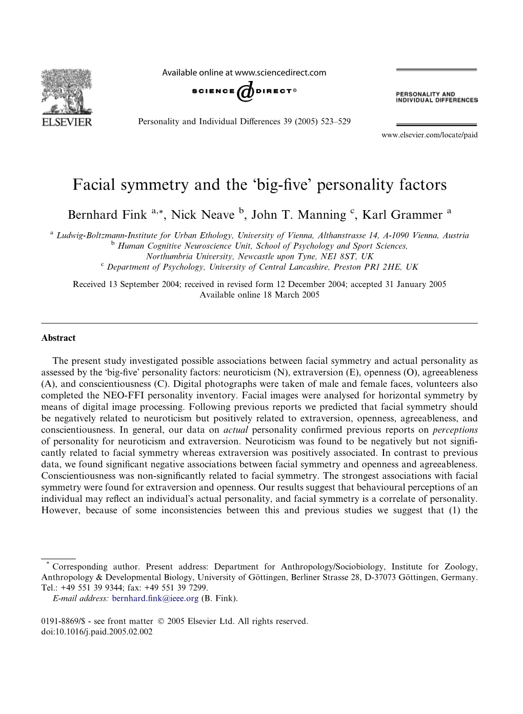 Facial Symmetry and the ￢ﾀﾘbig-Five￢ﾀﾙ Personality Factors