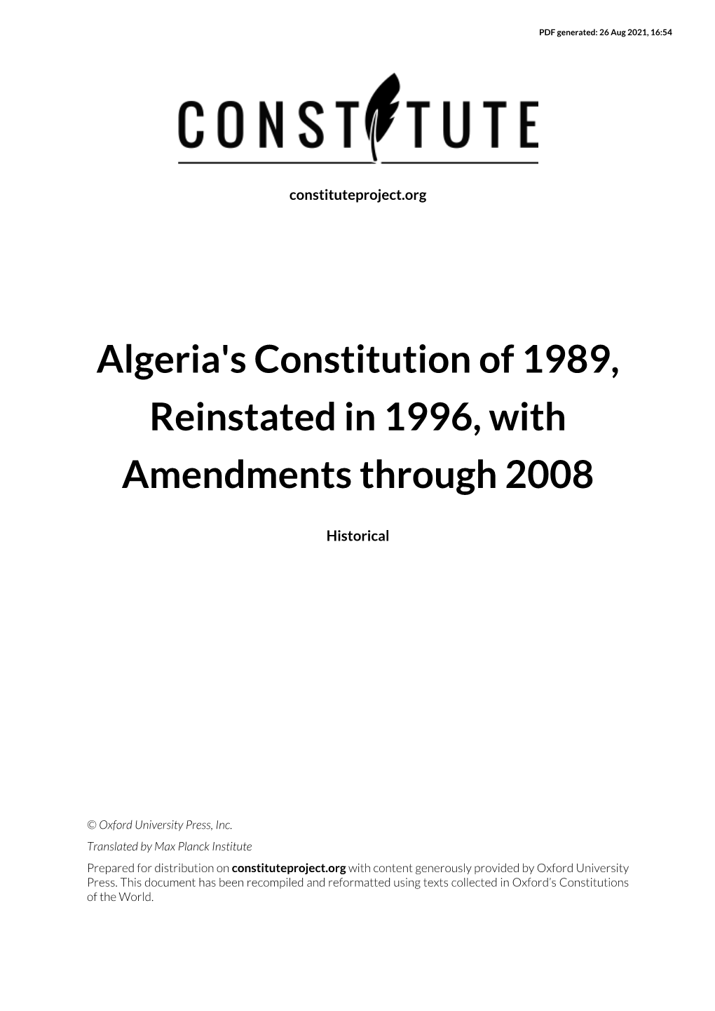 Algeria's Constitution of 1989, Reinstated in 1996, with Amendments Through 2008