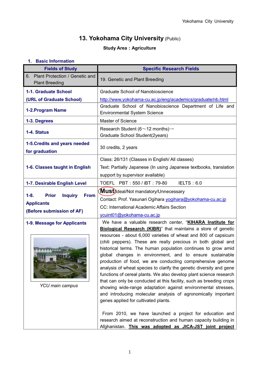 13. Yokohama City University (Public) Study Area：Agriculture