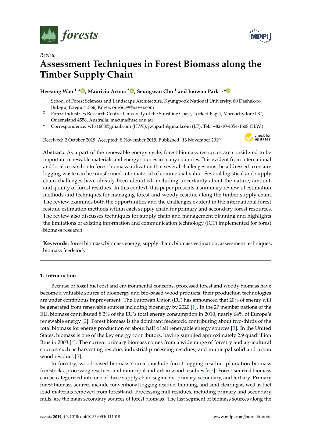 Assessment Techniques in Forest Biomass Along the Timber Supply Chain