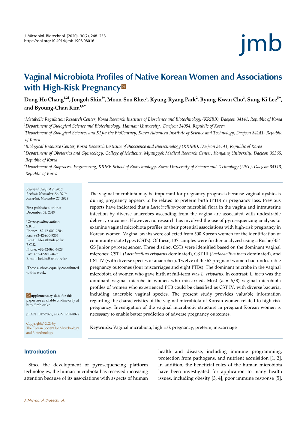 Vaginal Microbiota Profiles of Native Korean Women and Associations with High-Risk Pregnancy