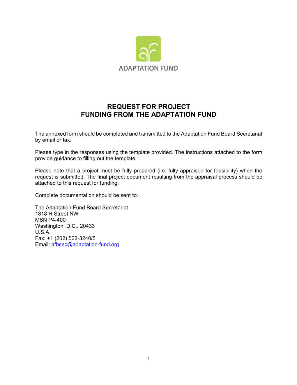 Request for Project Funding from the Adaptation Fund