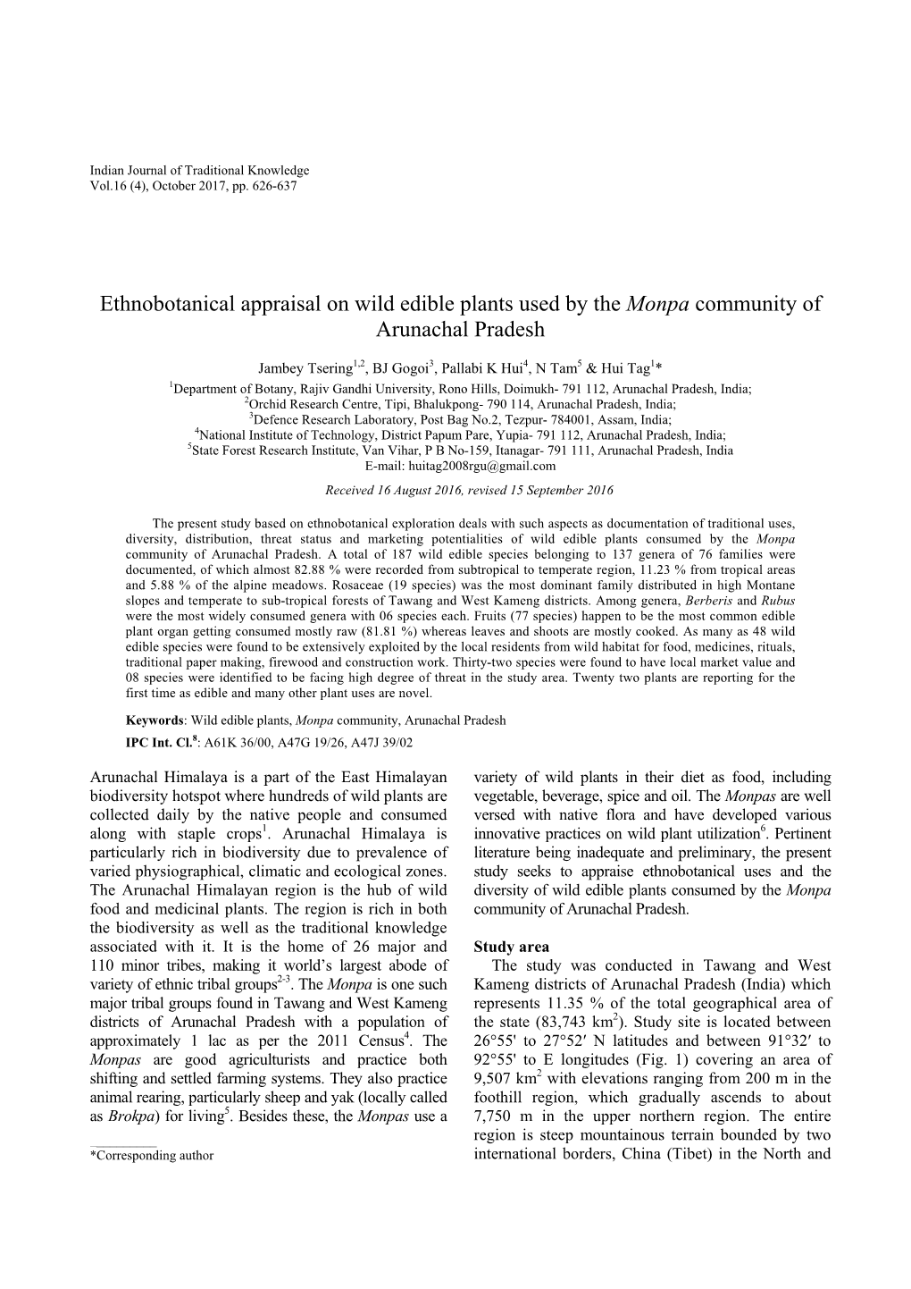 Ethnobotanical Appraisal on Wild Edible Plants Used by the Monpa Community of Arunachal Pradesh