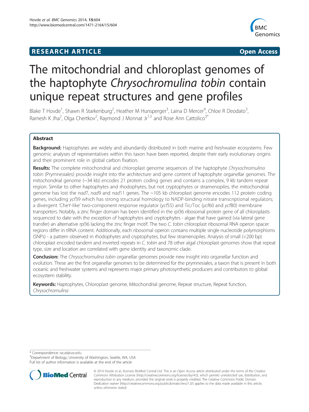 The Mitochondrial and Chloroplast Genomes of the Haptophyte Chrysochromulina Tobin Contain Unique Repeat Structures and Gene