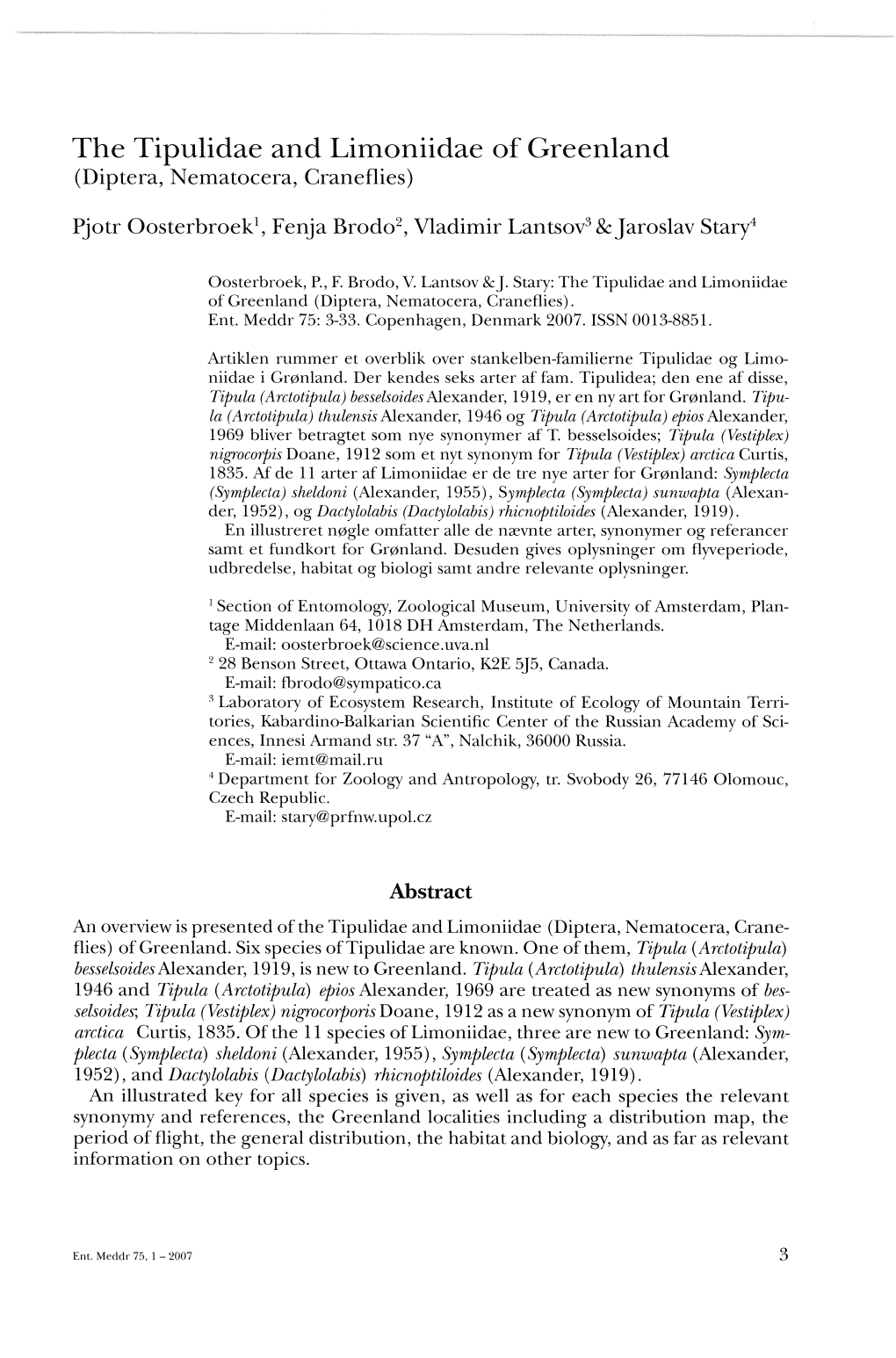 The Tipulidae and Limoniidae of Greenland (Diptera, Nematocera, Craneflies)