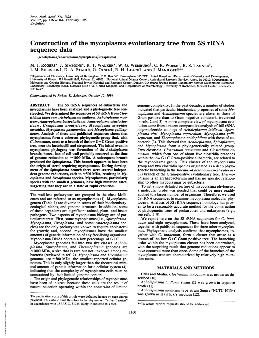 Construction of the Mycoplasma Evolutionary Tree from 5S Rrna Sequence Data (Acholeplasma/Anaeroplasma/Spiroplasma/Ureaplasma) M
