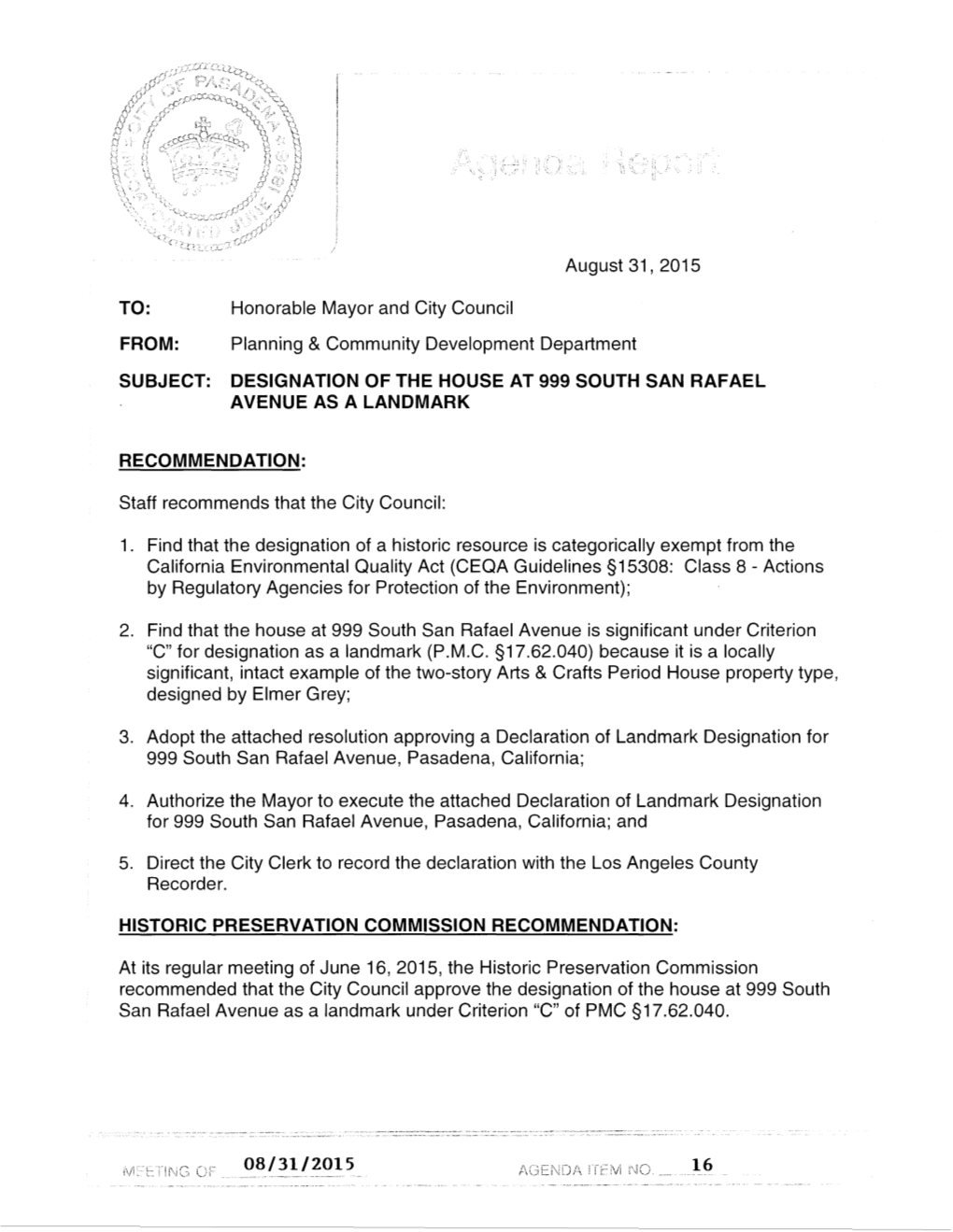 Historic Preservation Commission Recommendation