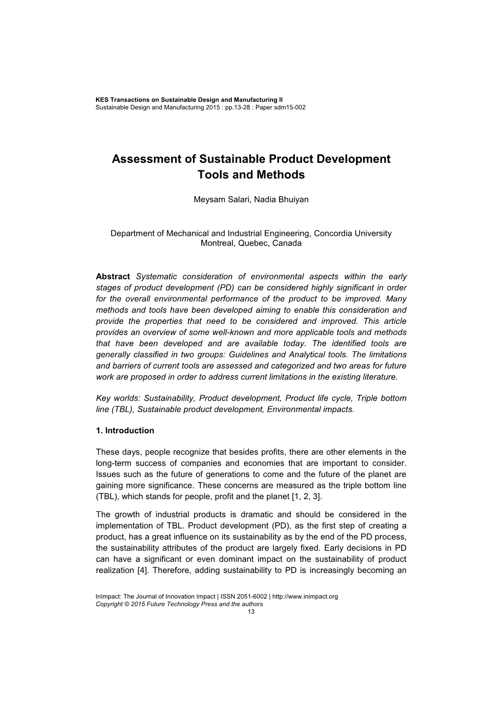 Assessment of Sustainable Product Development Tools and Methods