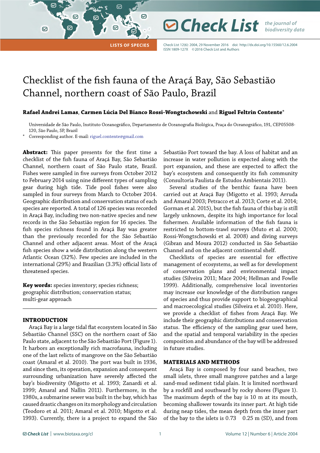 Checklist of the Fish Fauna of the Araçá Bay, São Sebastião Channel, Northern Coast of São Paulo, Brazil