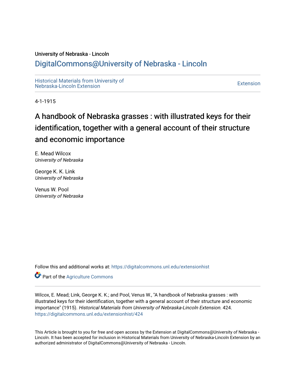 A Handbook of Nebraska Grasses : with Illustrated Keys for Their Identification, Ogethert with a General Account of Their Structure and Economic Importance