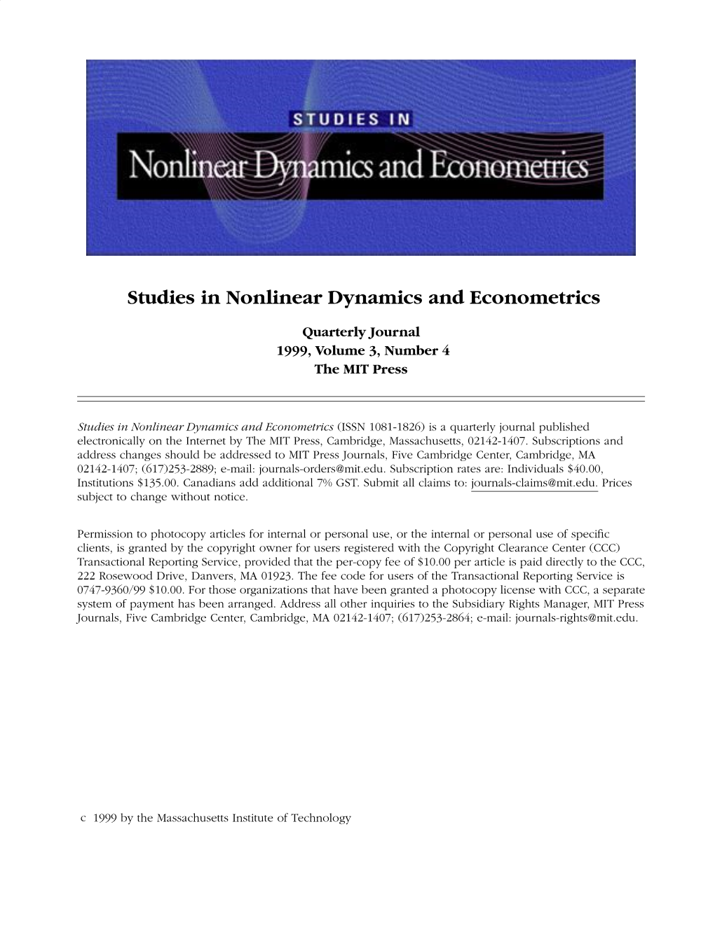 Studies in Nonlinear Dynamics and Econometrics