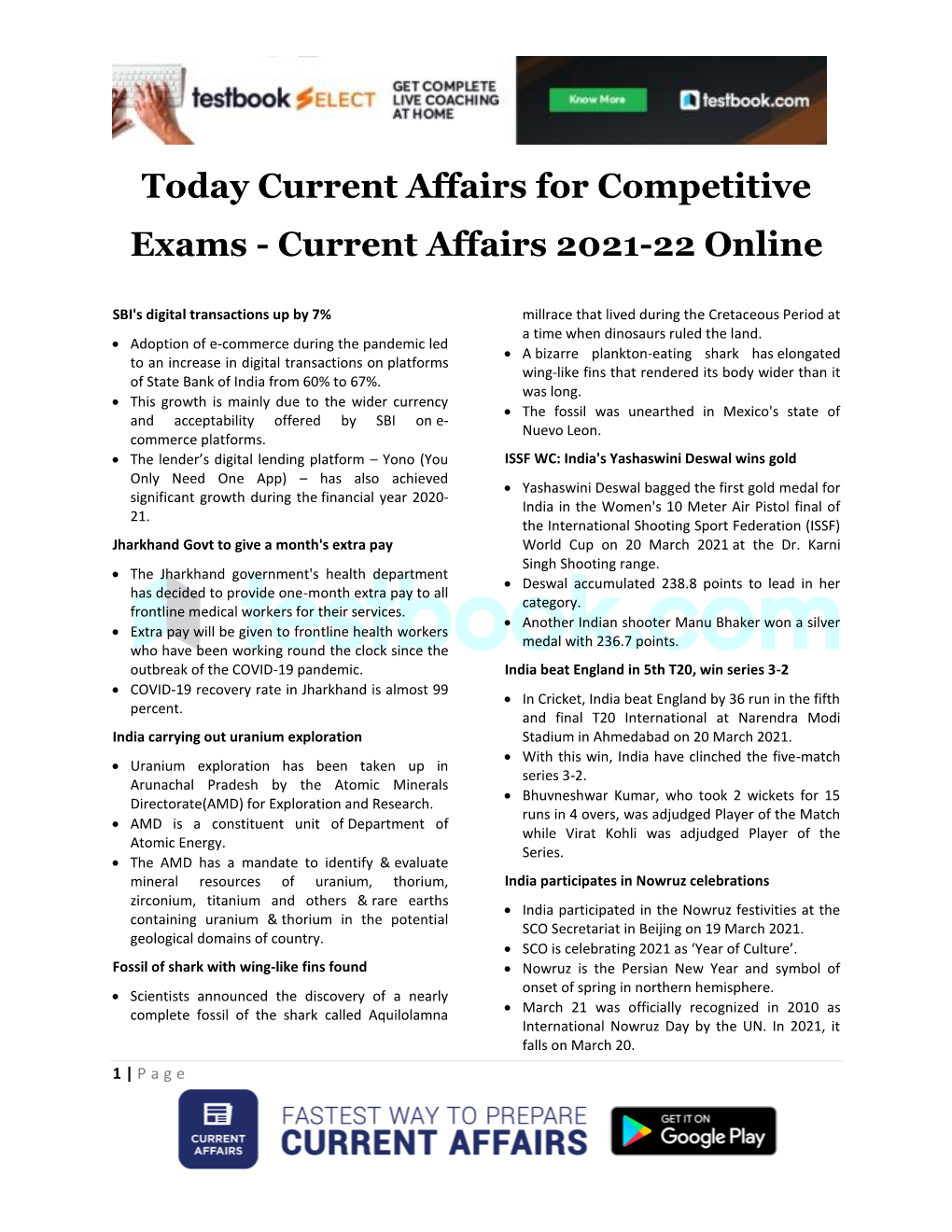 Today Current Affairs for Competitive Exams - Current Affairs 2021-22 Online